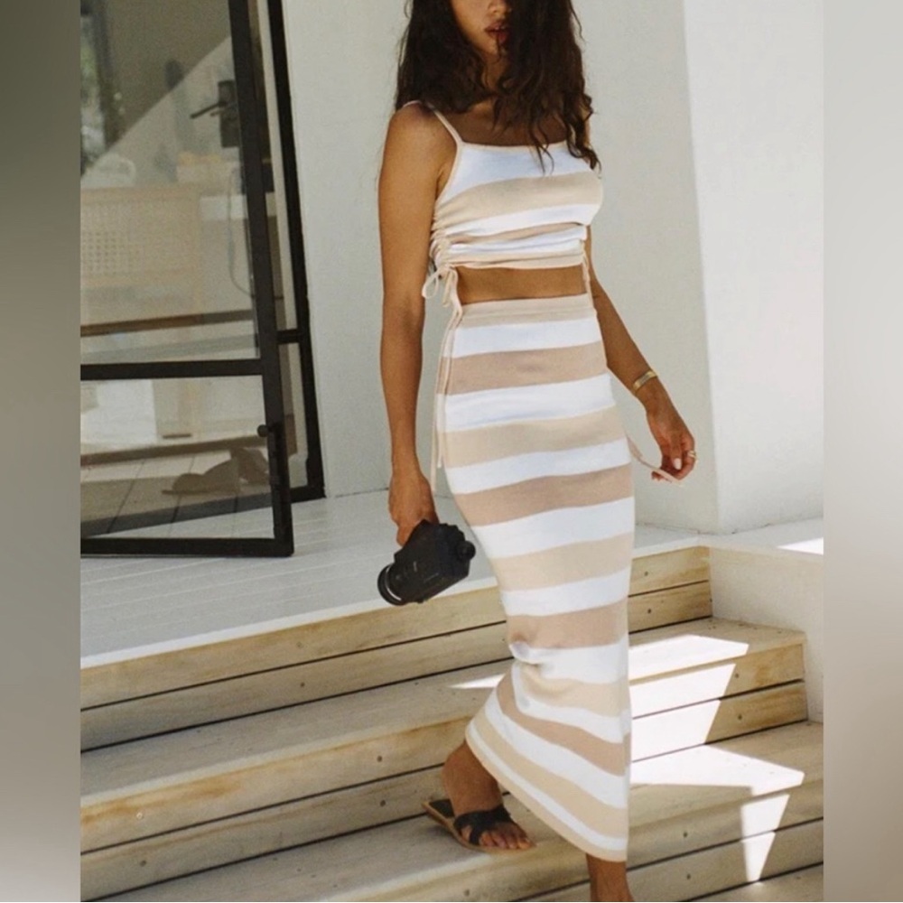 ❌SOLD❌ Sabo Skirt Leti Tan Brown White Long Knit Cotton Maxi Pencil Stripe Skirt - Picture 10 of 10